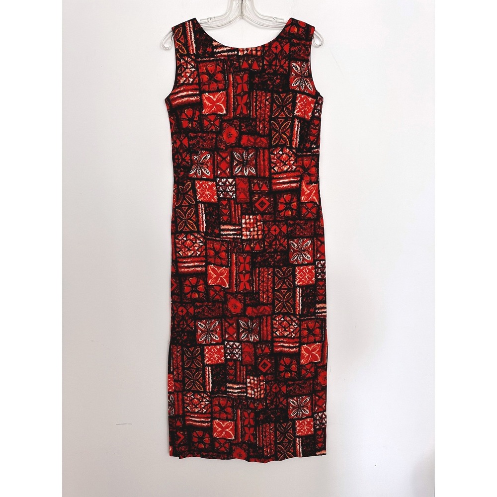 Vintage 70s Ui Maikai Hawaiian Barkcloth Maxi Dress Womens Red Black Tapa Resort